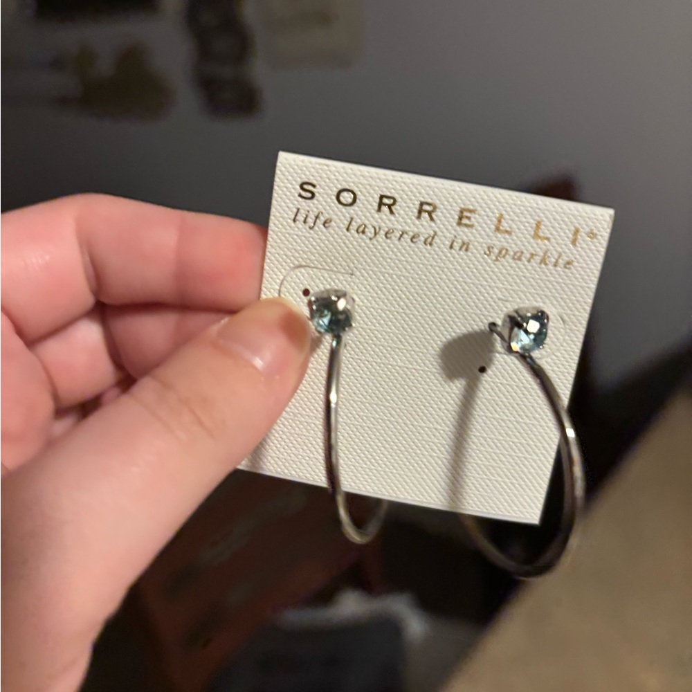 Sorrelli Silver Hoops with Aqua Crystal Studs